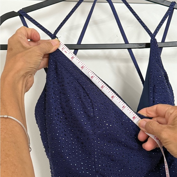 Elegant Navy Sparkle Cowl Neck Evening Dress - Picture 11 of 16